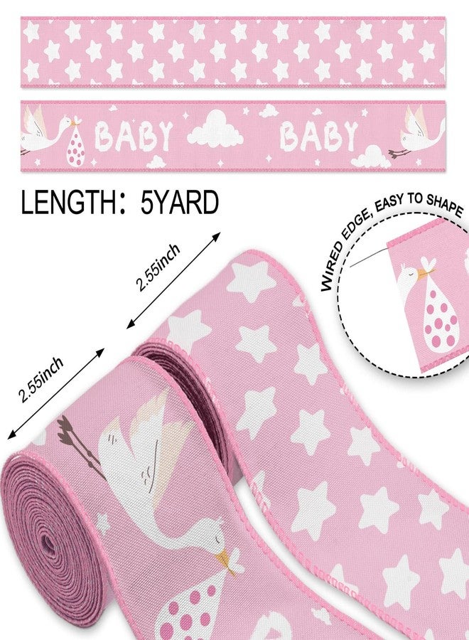 YKW 2 Rolls Baby Girl Ribbon Set, 2.5" Wide Satin Wired Edge Ribbons, Pink Stork Star Pattern, 2 Rolls x 5 Yards Each for Newborn Decorations, Baby Shower, Nursery Decor (10 Yards Total) - Image 2